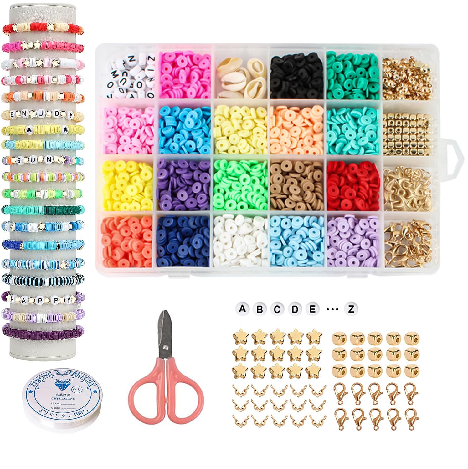 SANNIDHI Clay Beads for Jewelry Making 468pcs Kit, Color Flat Round Spacer Beads with Pendant Charms, Elastic Strings and Scissors Set for Bracelets Necklace DIY Crafting Supplies SANNIDHI Clay Beads for Jewelry Making 468pcs Kit, Color Flat Round Spacer Beads with Pendant Charms, Elastic Strings and Scissors Set for Bracelets Necklace DIY Crafting Supplies